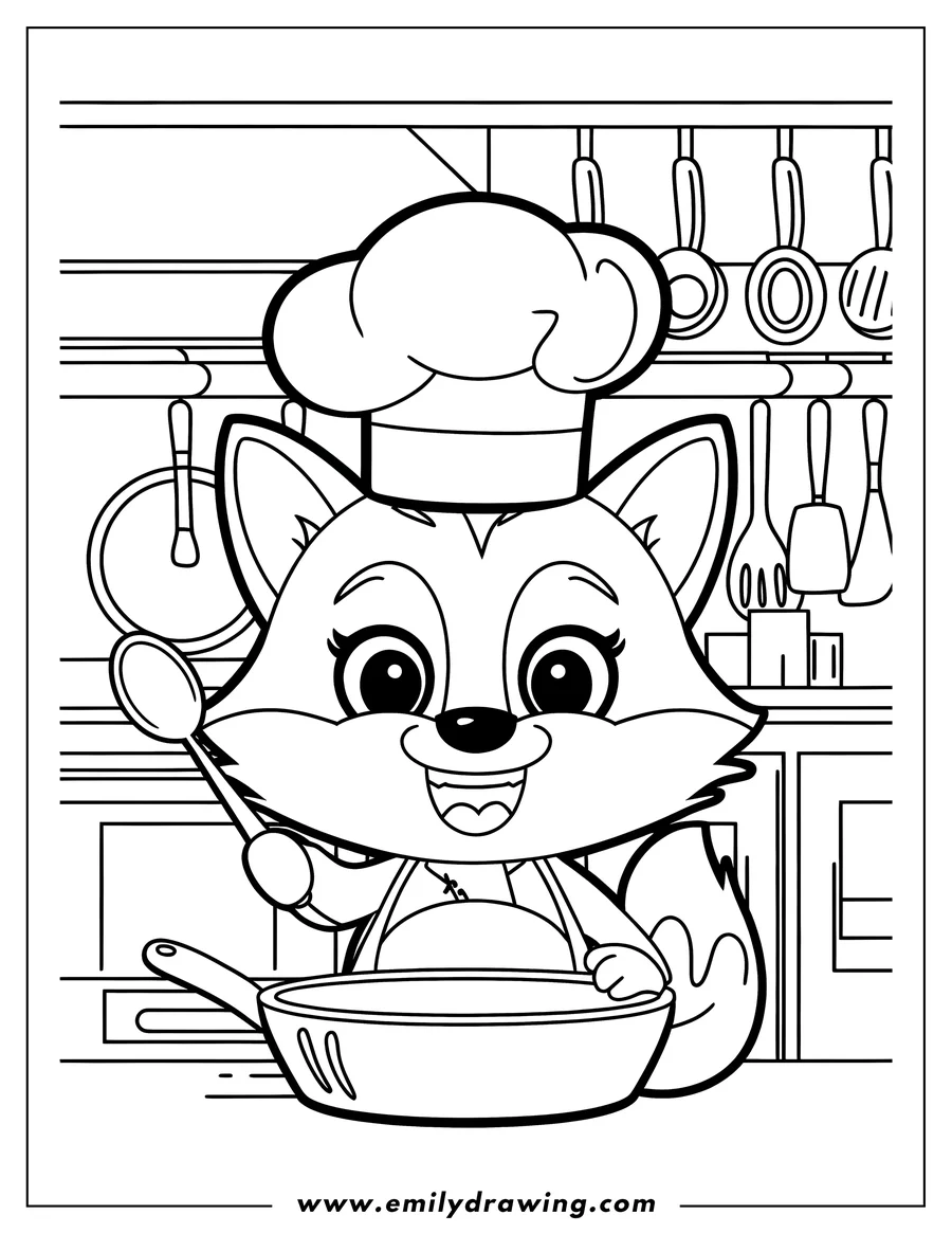 Line art of a fox wearing a chef's hat and apron, cooking in a kitchen. The fox is holding a spoon and a pan.