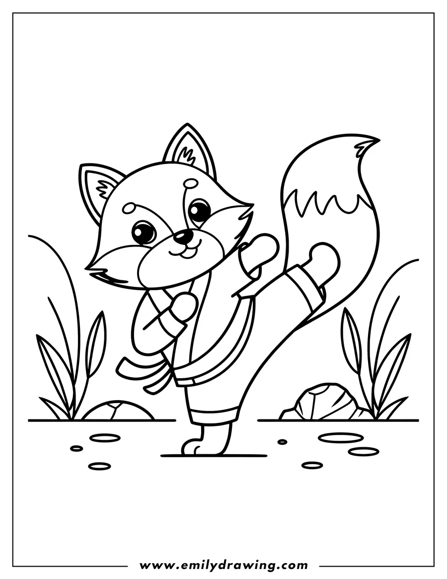 Outline of a fox wearing a karate uniform and performing a high kick.