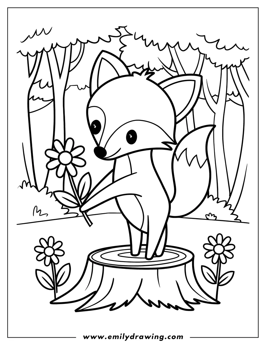 Outline of a fox standing on a tree stump, holding a daisy. More daisies bloom nearby in the forest setting.