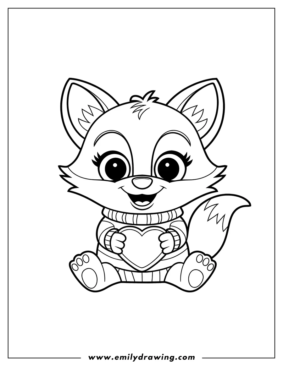 Outline of a young fox wearing a striped sweater and holding a heart