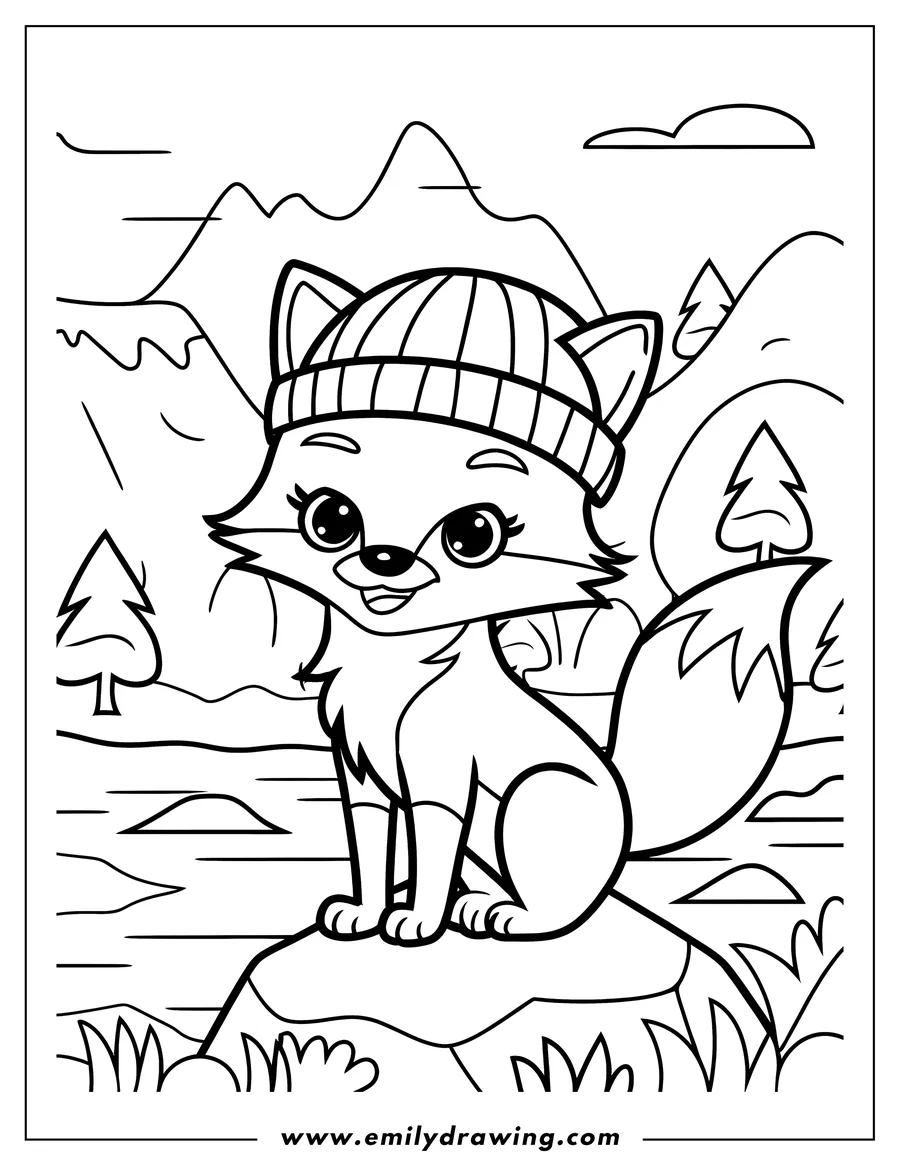 Line art of a fox wearing a beanie hat, sitting on a rock in a mountainous landscape.