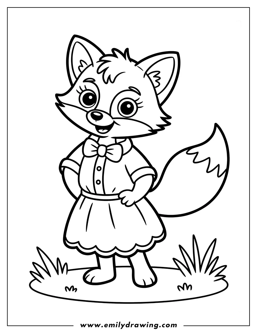 Outline of a fox wearing a dress and a bow tie, standing on a patch of grass.