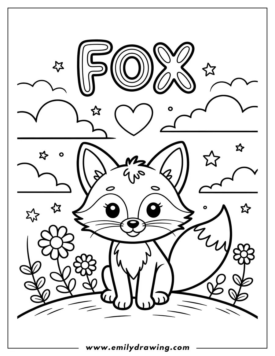 Outline of a fox sitting in a field with flowers and clouds in the background.