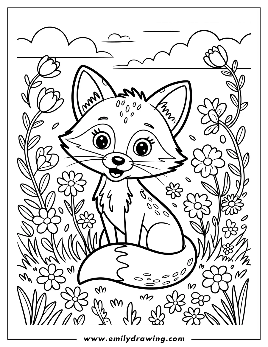 Outline of a young fox sitting contentedly in a meadow filled with various flowers and tall grass. The fox has large, friendly eyes and a bushy tail.