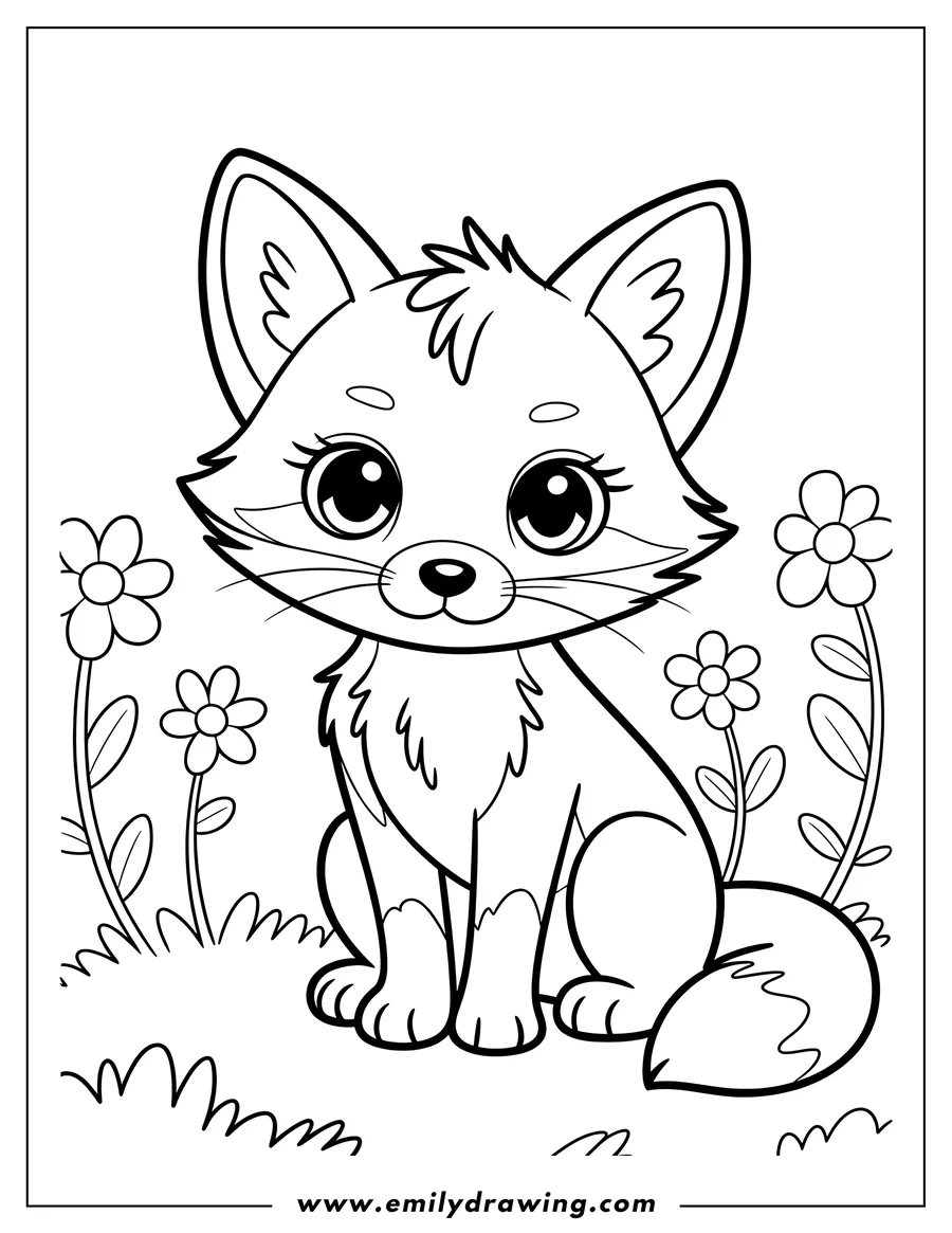 Outline of a young fox sitting in a patch of flowers. It has large eyes and a bushy tail.
