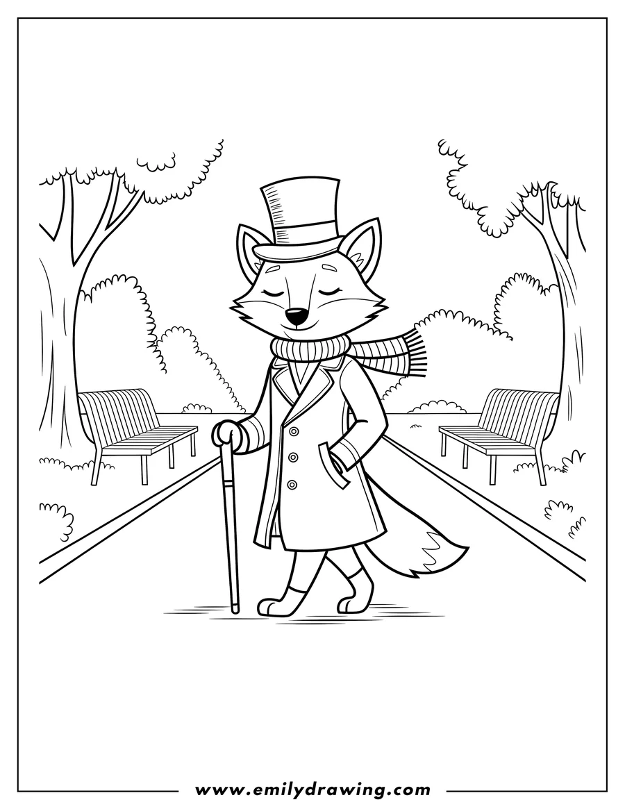 Line art of a fox wearing a top hat, scarf, and coat, walking with a cane in a park setting with trees and benches.
