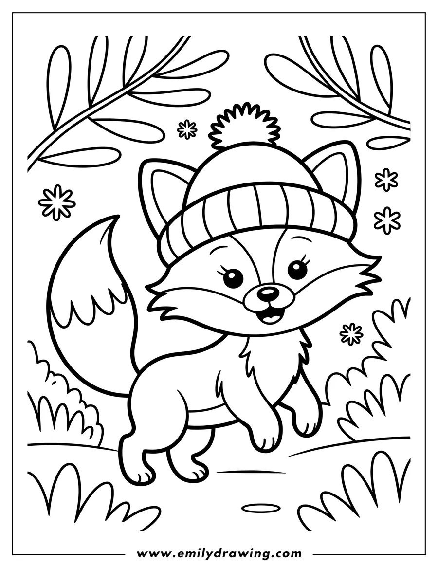 Outline of a fox wearing a winter hat, surrounded by leaves and snowflakes.