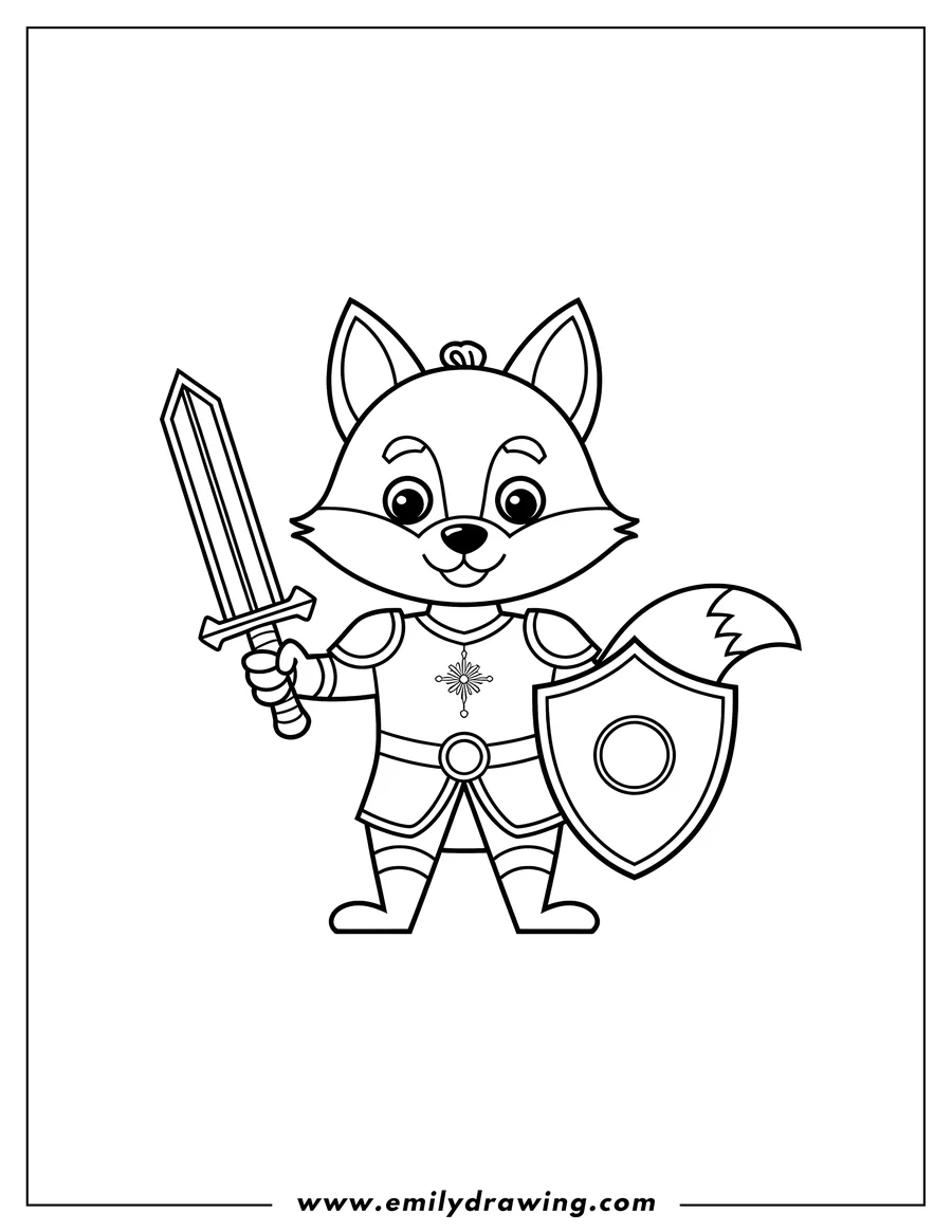 Line art of a fox dressed as a knight, holding a sword and shield.