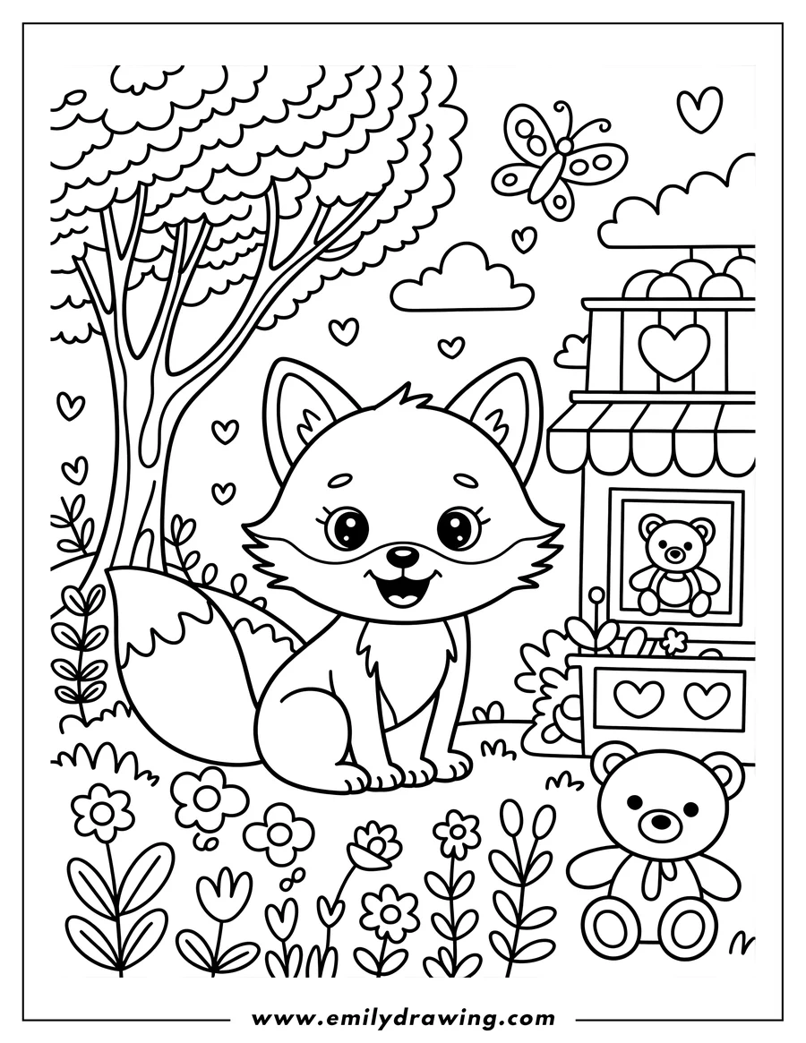 Outline of a fox sitting near a toy shop, with a tree on one side and a teddy bear on the other, in a garden setting.