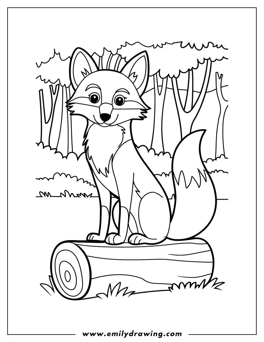 Outline of a fox sitting on a log in the forest.