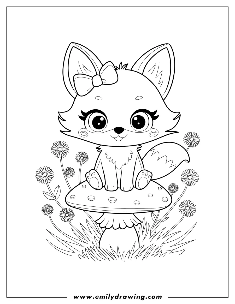 Outline of a young fox with a bow sitting on a large mushroom surrounded by daisies and grass.