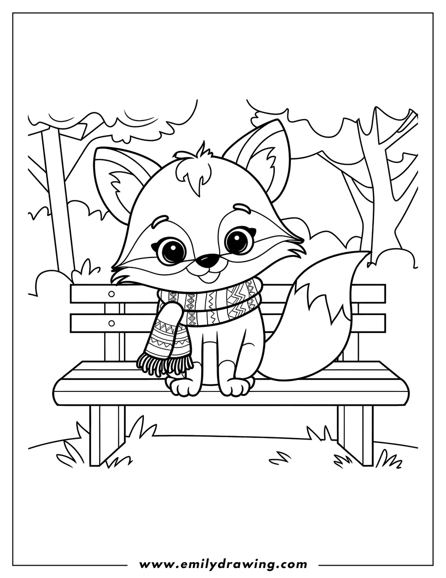 Outline of a fox sitting on a park bench, wearing a patterned scarf.