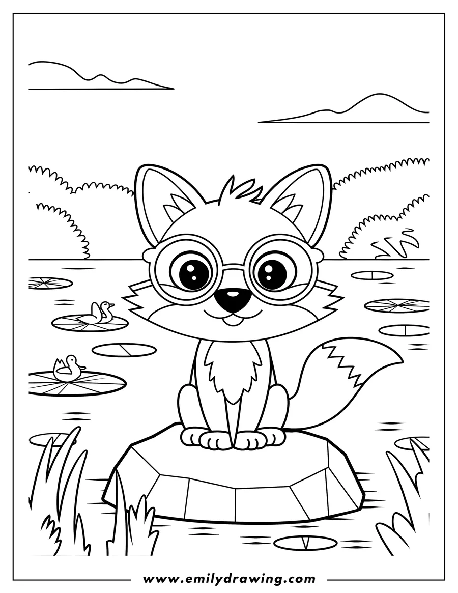 Outline of a fox wearing glasses, sitting on a rock by a pond with lily pads and ducks