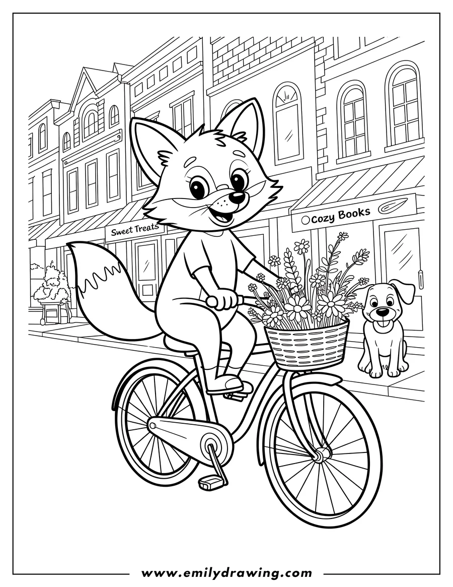 Line art of a fox riding a bicycle with a basket of flowers. A friendly puppy sits nearby on the sidewalk in front of buildings.