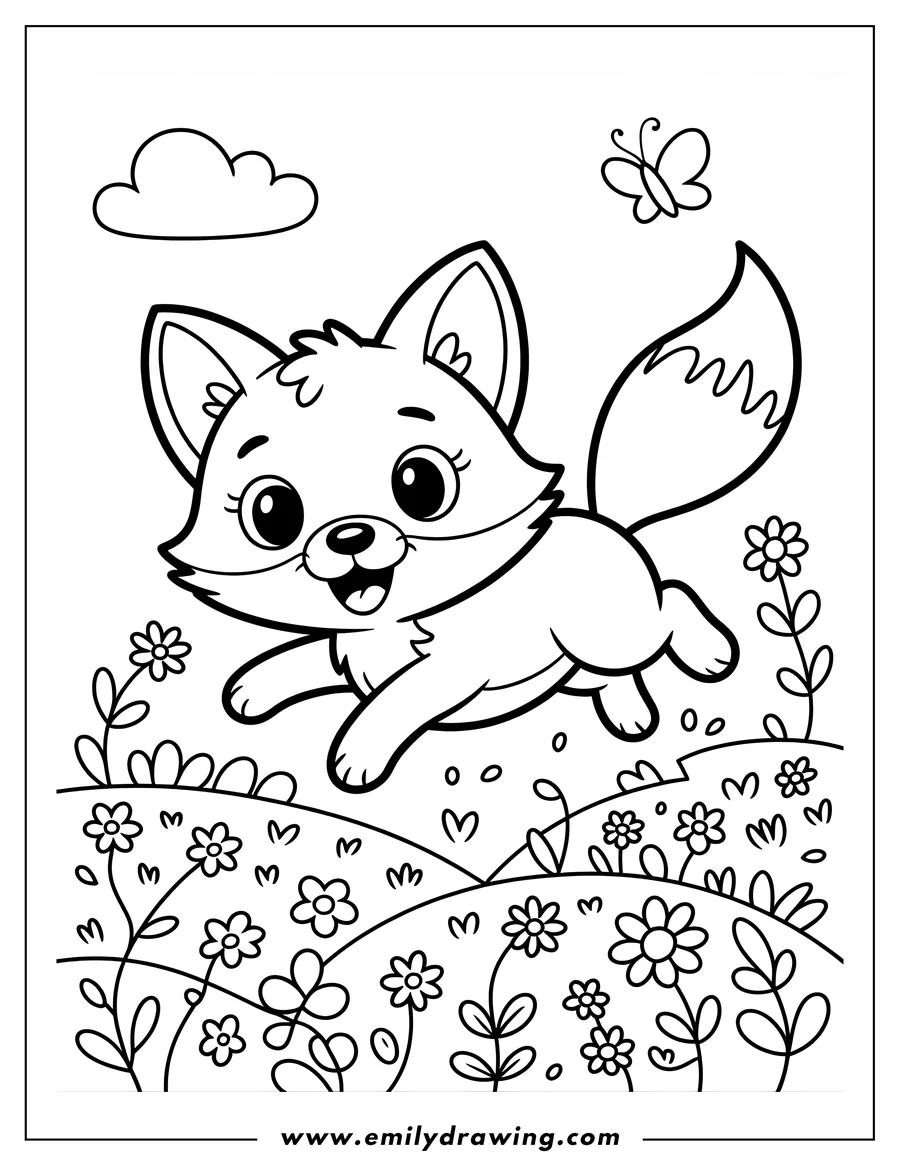 Line art of a fox running through a field of flowers, a butterfly floats nearby and a cloud overhead