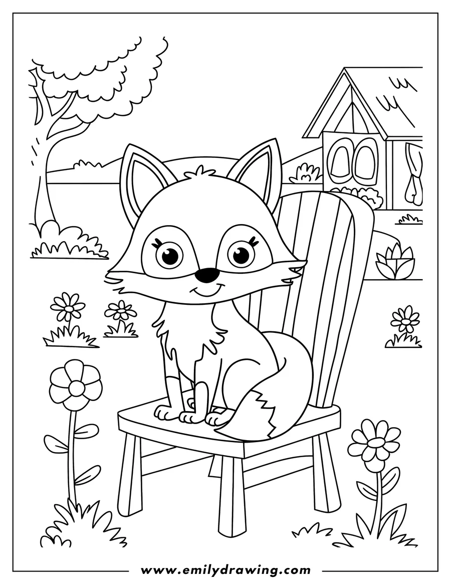Outline of a fox sitting on a wooden chair in a garden setting. There's a small house in the background and flowers near the chair.
