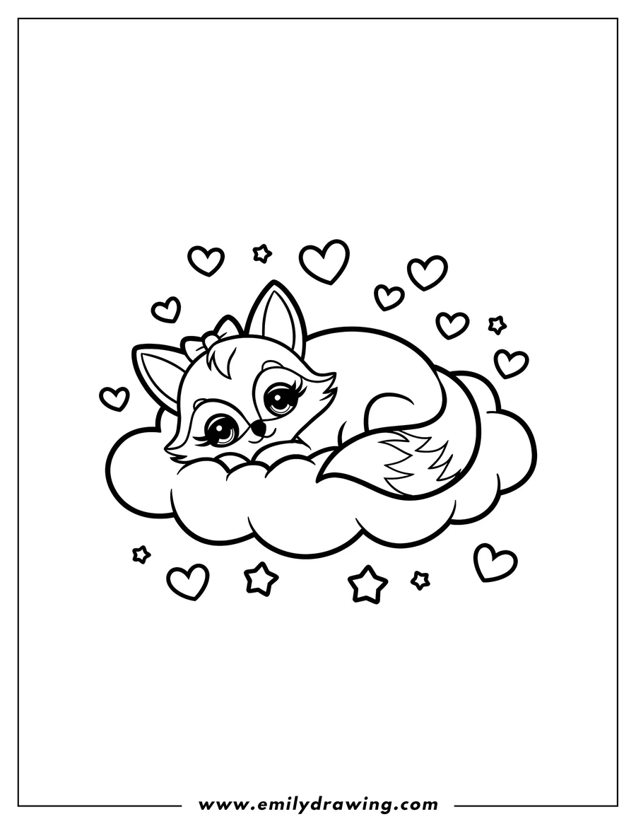 Line art of a fox sleeping on a cloud, surrounded by hearts and stars.