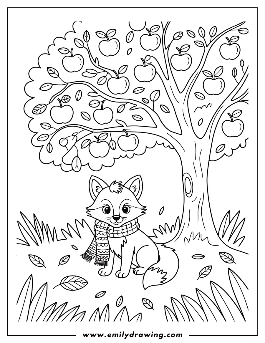 Outline of a fox wearing a scarf sitting beneath an apple tree with apples and fallen leaves on the ground.