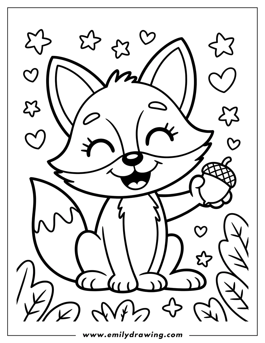 Outline of a cute cartoon fox holding an acorn, surrounded by small hearts and stars. Perfect image for kids coloring activities.