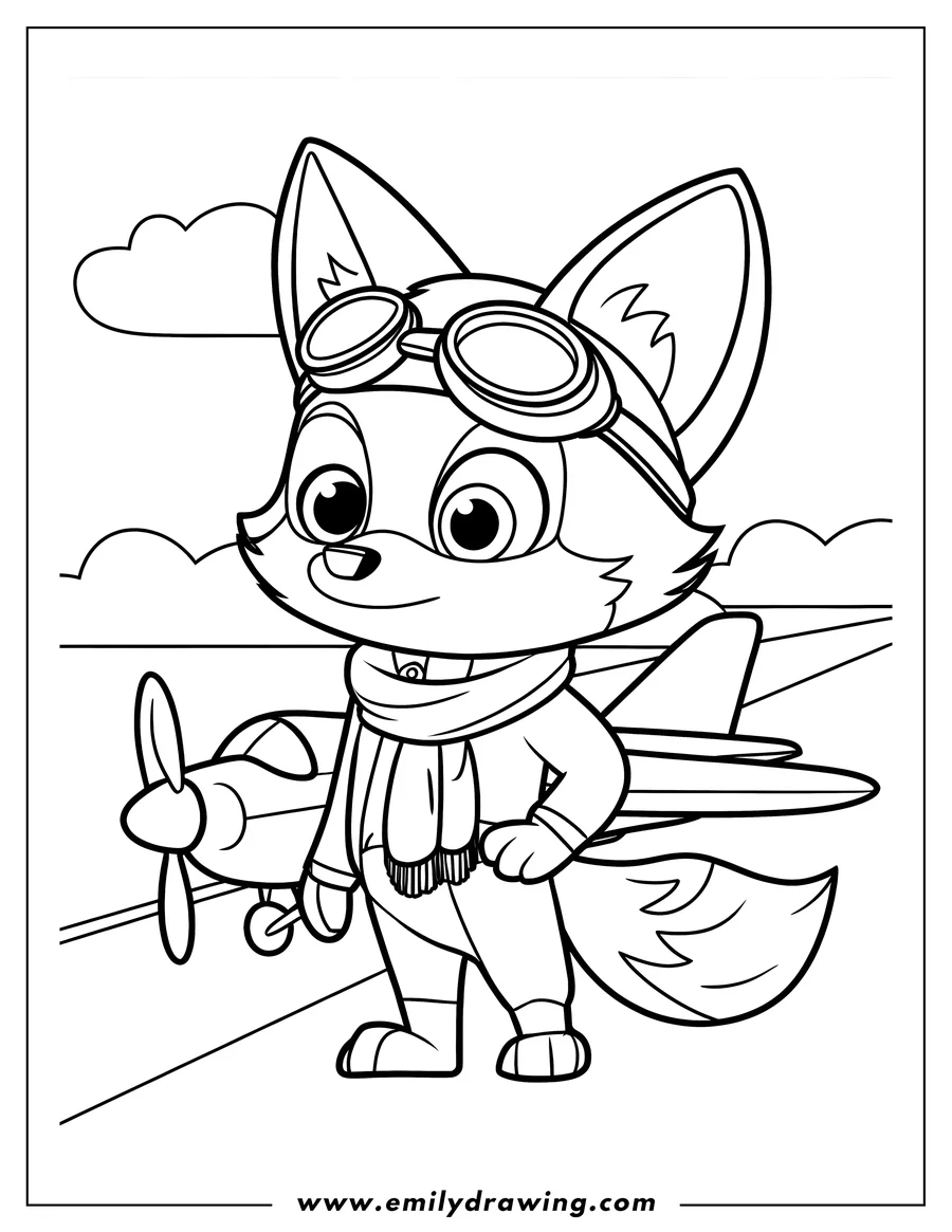 Line art of a fox wearing a scarf and goggles, standing next to a small airplane.