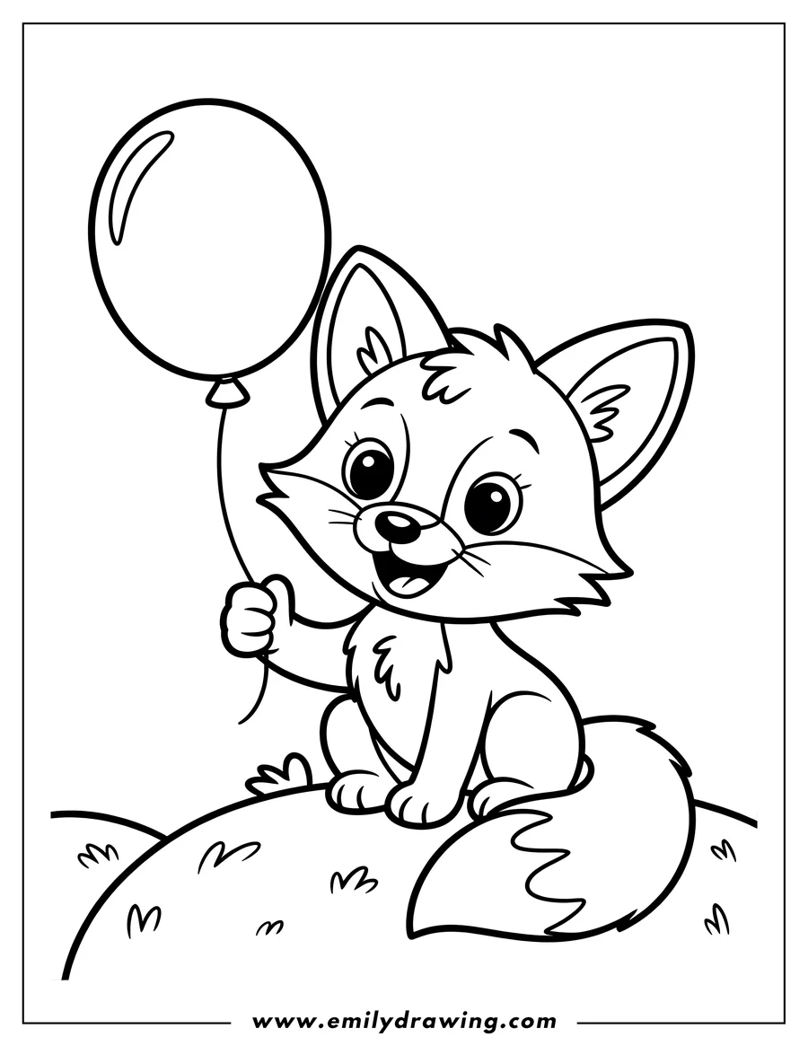 Outline of a young fox sitting on a grassy hill, holding a large balloon.