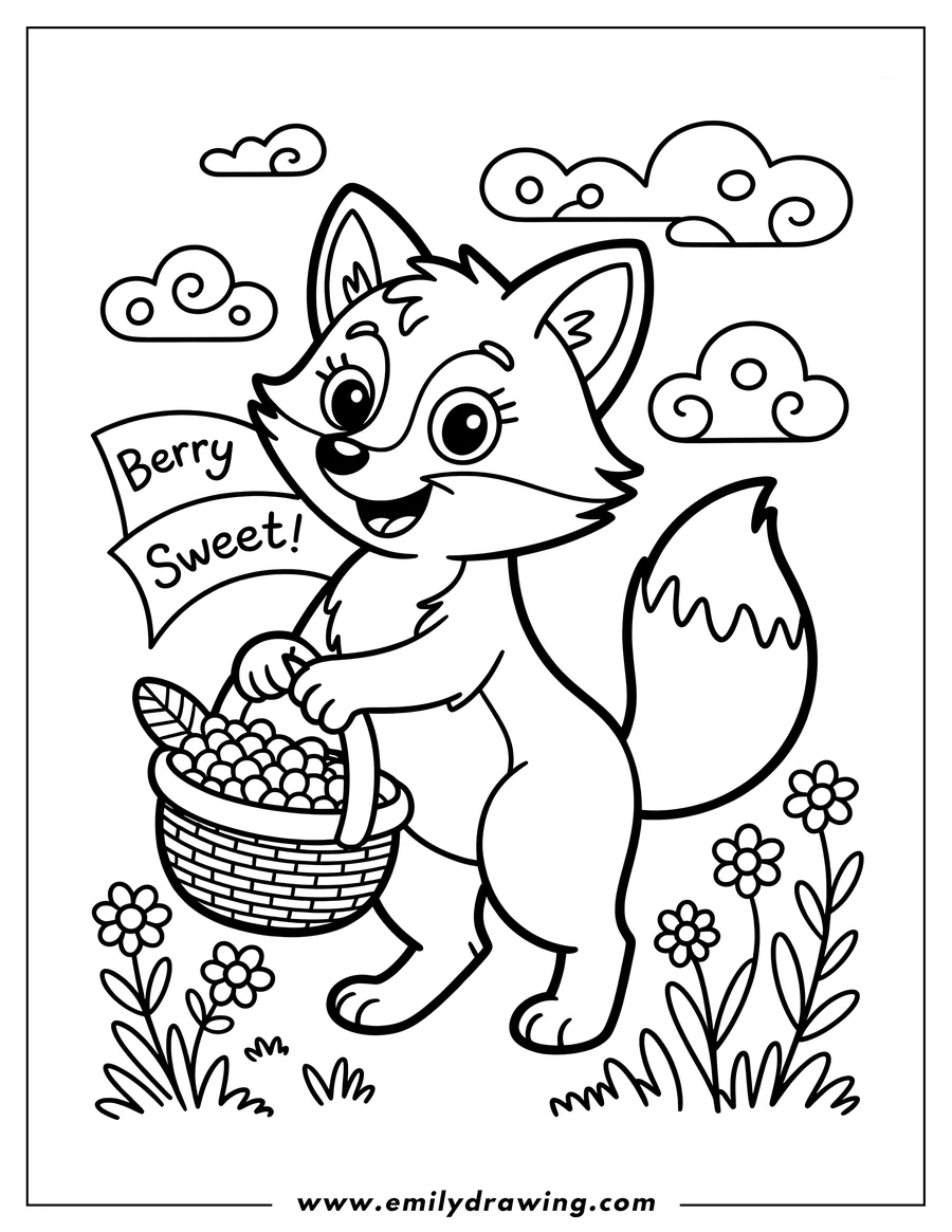 Line art of a fox holding a basket full of berries, surrounded by flowers and grass, with fluffy clouds in the sky.