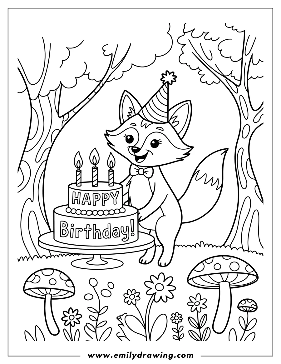 Outline of a fox wearing a party hat and bow tie, standing next to a birthday cake with three lit candles in a forest setting with mushrooms and flowers.