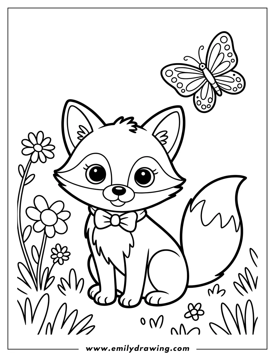 Outline of a young fox wearing a bow tie, sitting in the grass near some flowers, with a butterfly fluttering nearby.