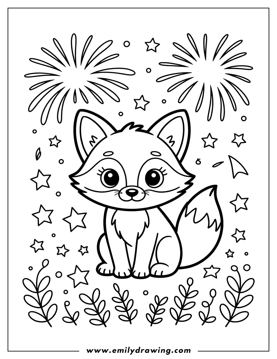 Outline of a cute fox sitting with fireworks and stars in the background.