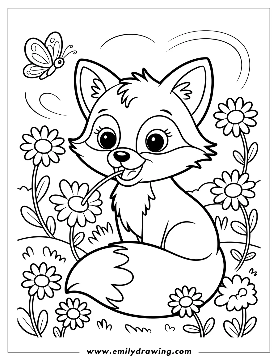 Outline of a fox sitting in a field of flowers with a flower in its mouth and a butterfly nearby.