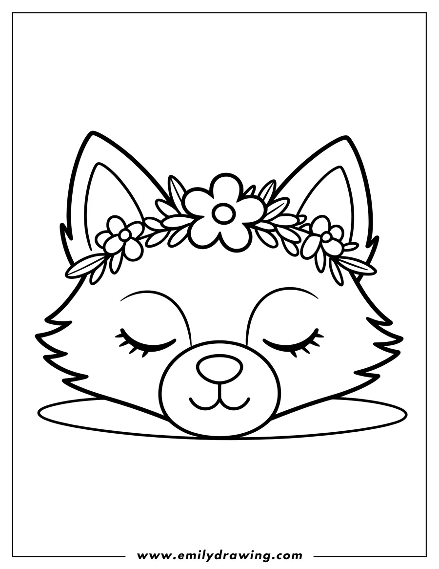 Outline of a fox with its eyes closed, wearing a crown of flowers.
