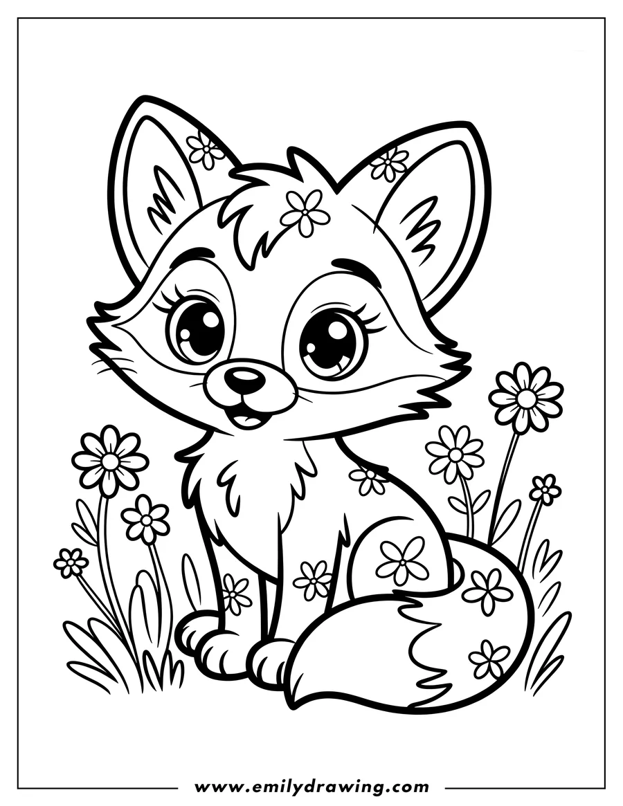 Outline of a young fox sitting in a field of flowers. The fox has large eyes and small flowers patterned on its fur and ears.