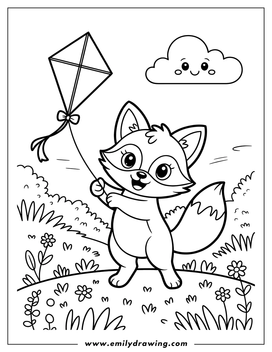 Outline of a fox holding a kite string in a field of flowers. A cute, smiling cloud floats above.