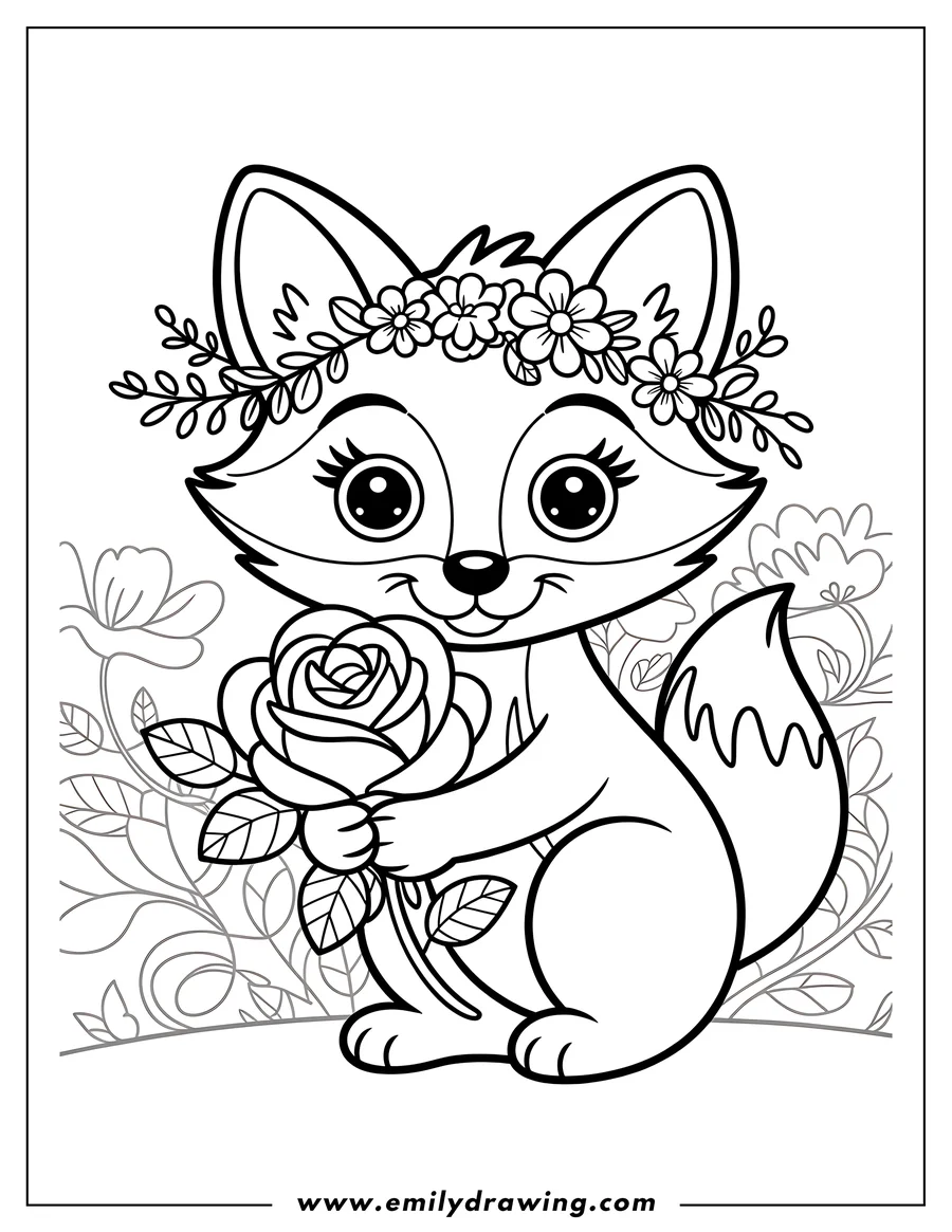 Outline of a fox holding a rose. The fox is wearing a small crown of flowers.