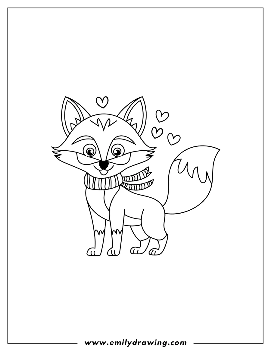 Outline of a fox wearing a striped scarf, with small hearts floating around it.