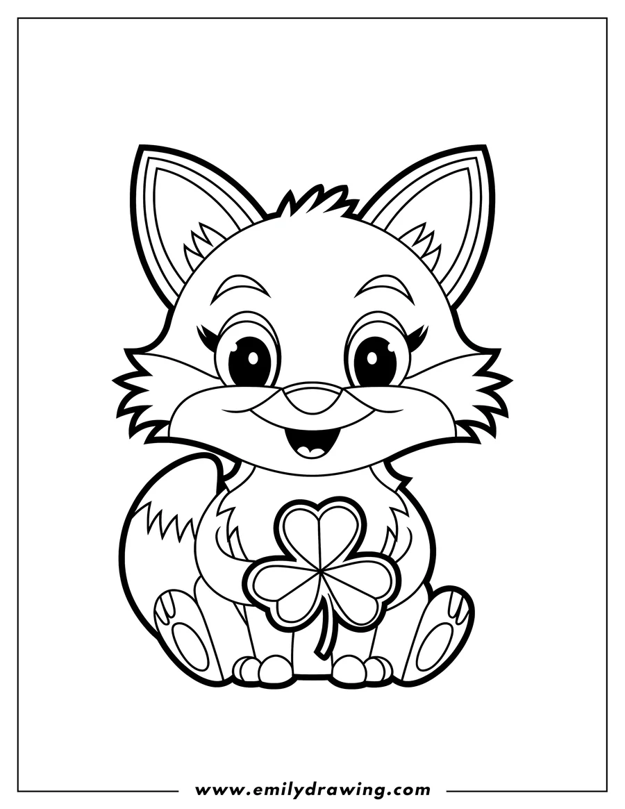 Outline of a cheerful fox sitting and holding a shamrock.