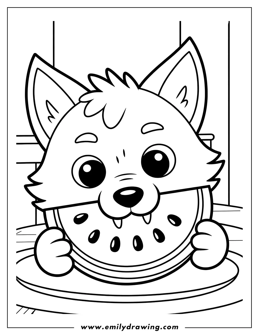 Line art of a young fox holding a slice of watermelon