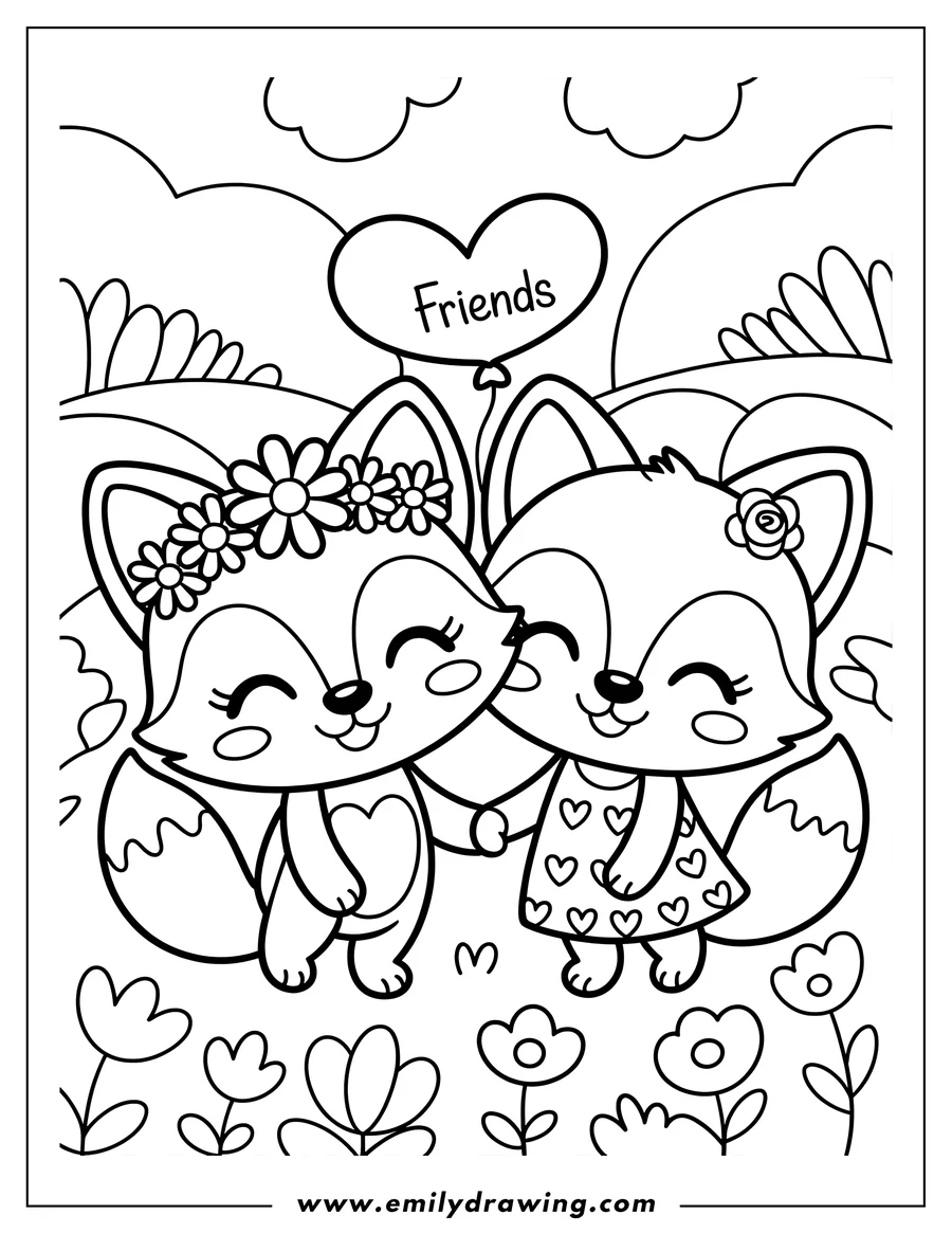 Two foxes holding hands with a 'Friends' balloon, flowers in the foreground, and rolling hills in the background.