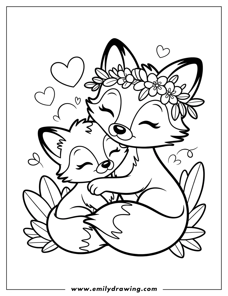Outline of two foxes hugging. The larger fox wears a crown of flowers.
