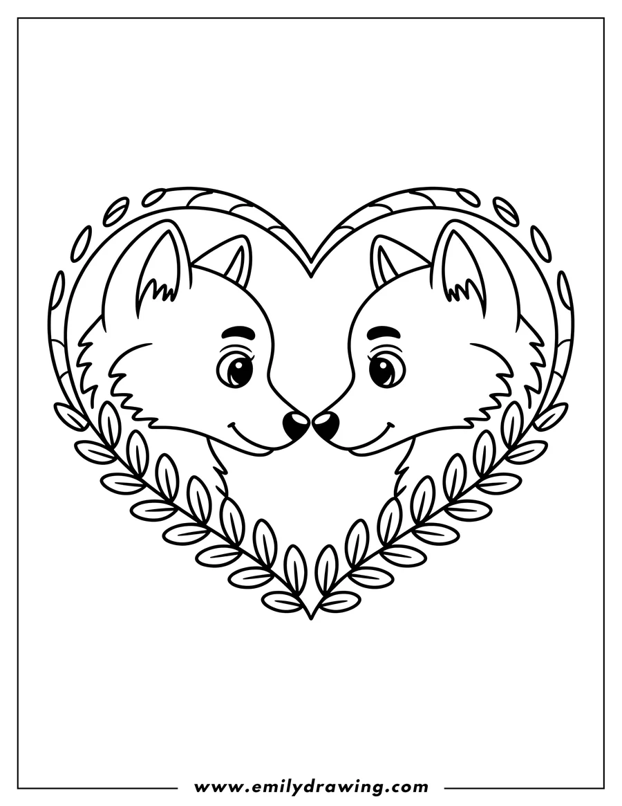 Two foxes nose to nose inside a heart-shaped frame made of leaves.