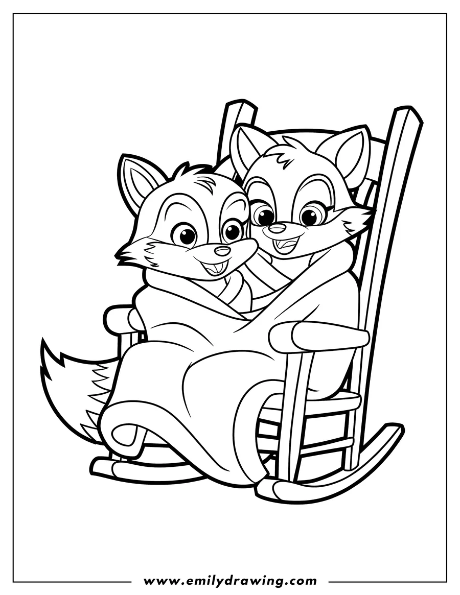 Two foxes sitting together in a rocking chair, wrapped in a blanket.