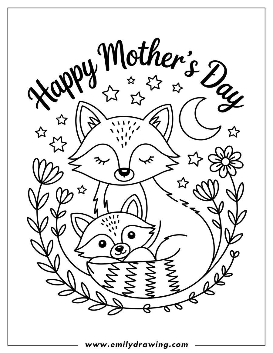 Outline of two foxes, a mother and baby, surrounded by flowers, stars, and a crescent moon. Text above reads 'Happy Mother's Day'.