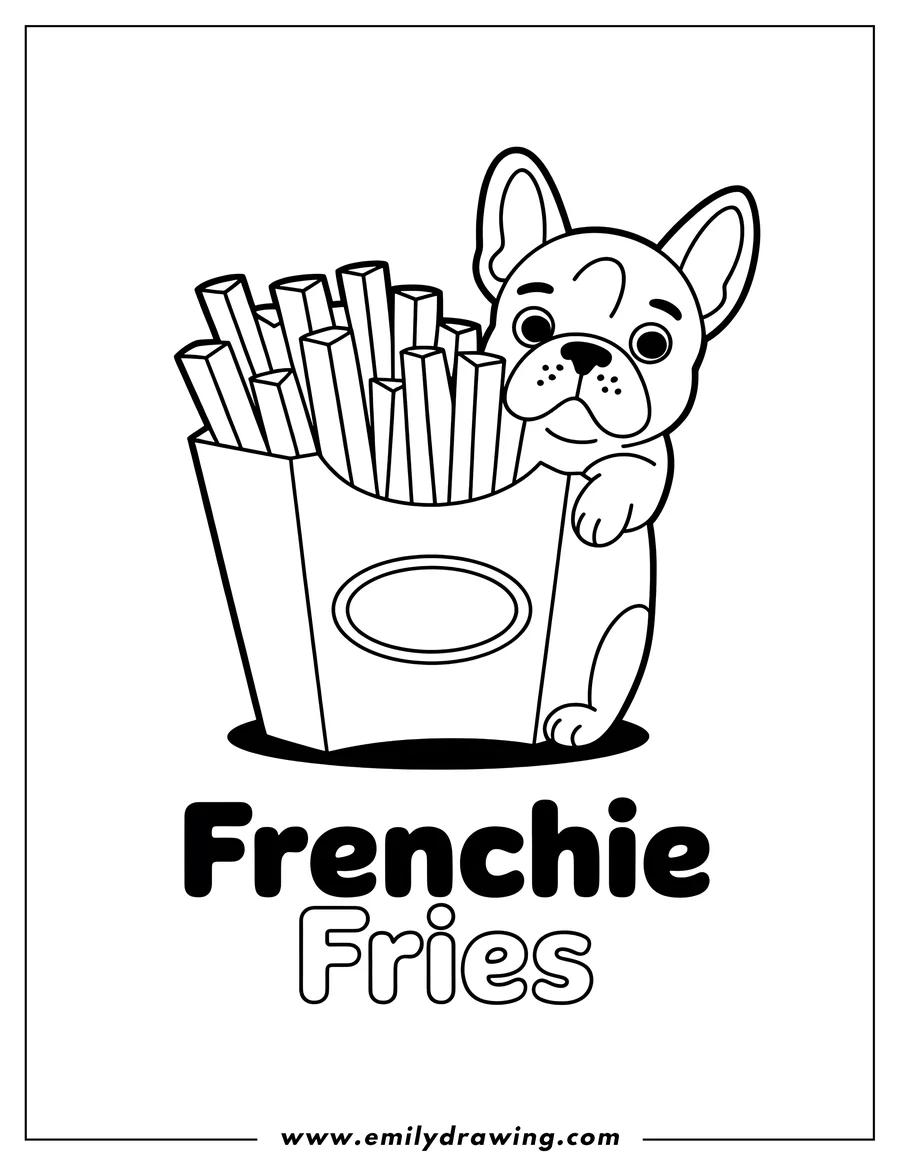 Line art of a French Bulldog peeking over a carton of French fries.