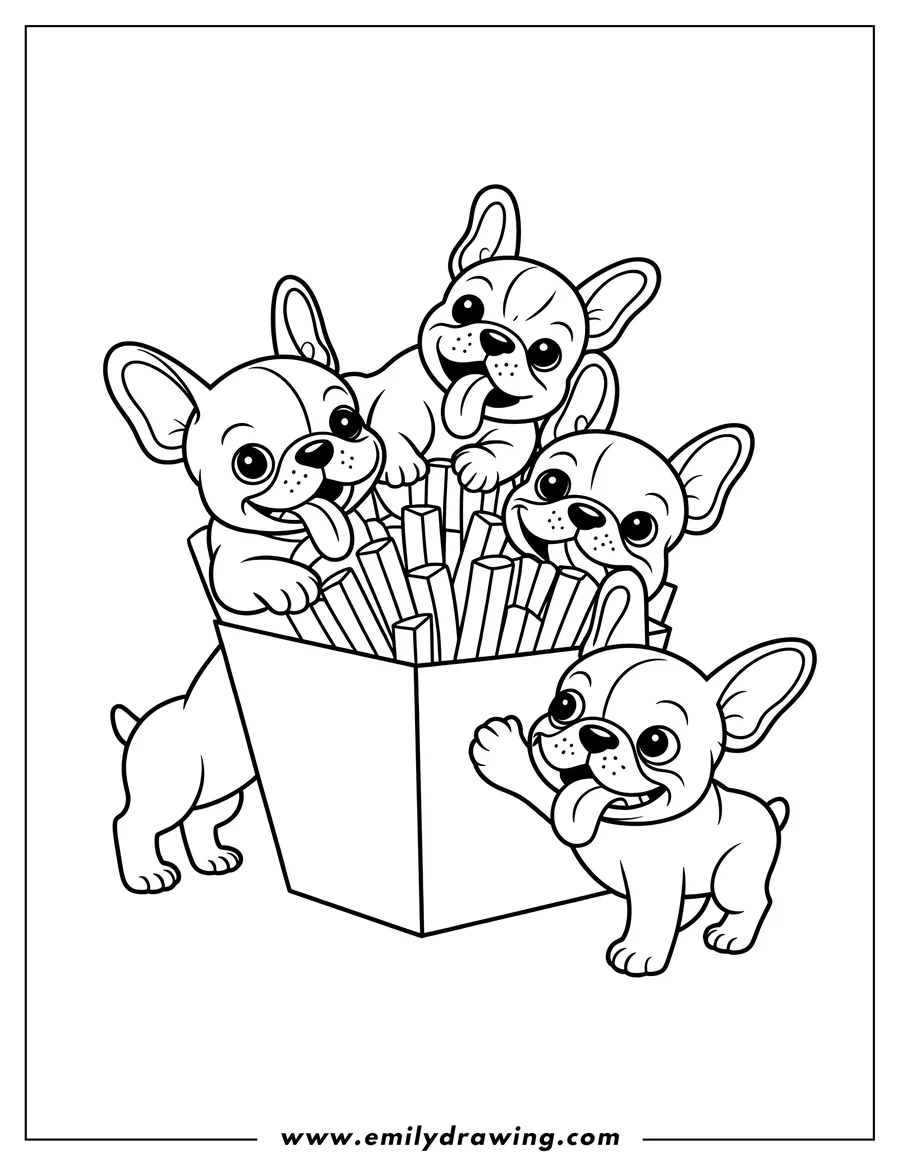 Outline of three French Bulldog puppies with a box of French fries. Two puppies are looking into the box, and one is inside.