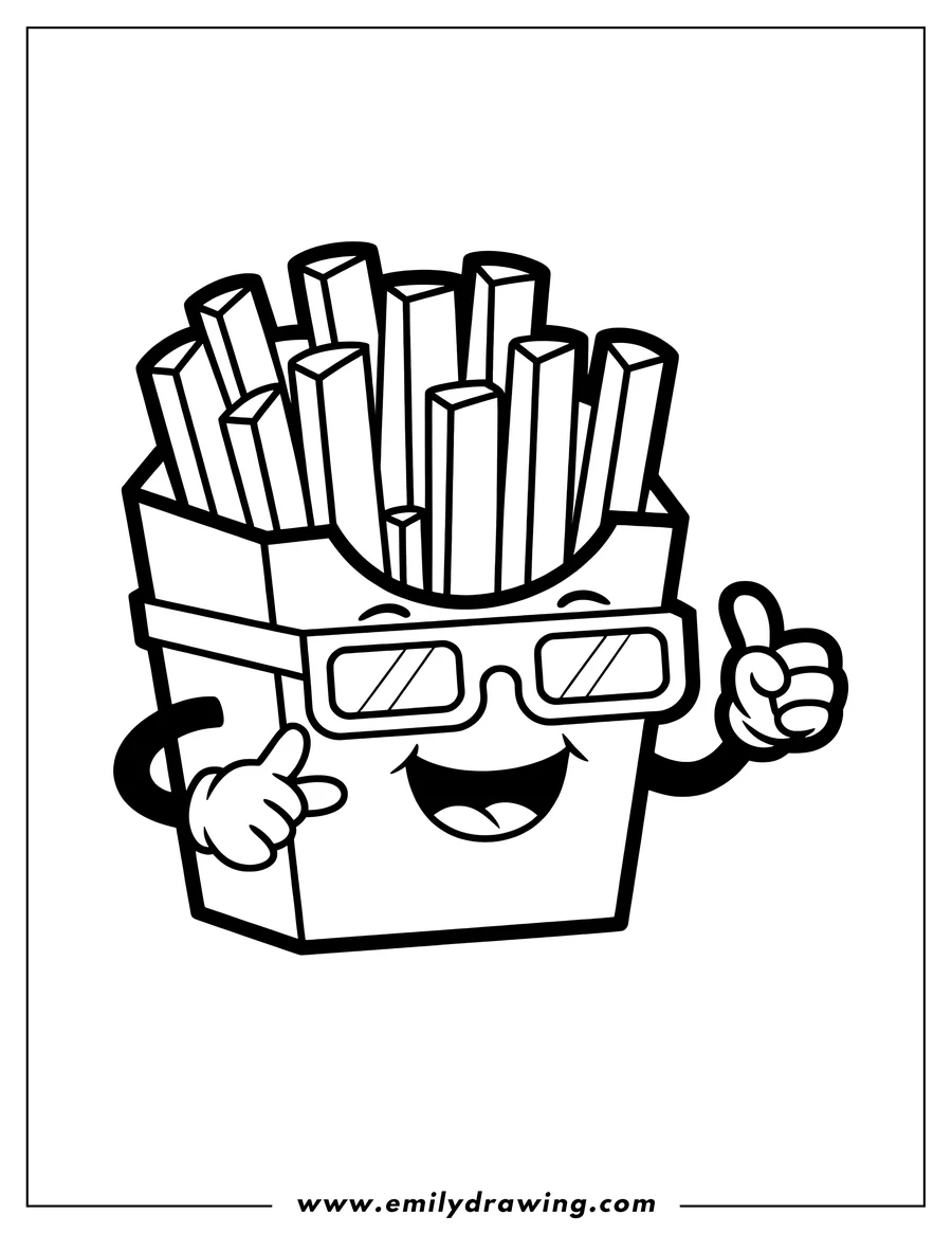 Line art of french fries wearing 3D glasses and pointing, ready for a movie.