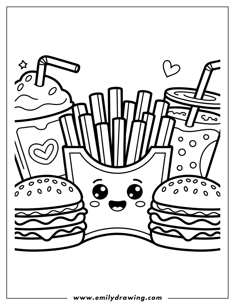 Line art of french fries in a container with two burgers and two drinks on each side. The fries container has a cute, smiling face.