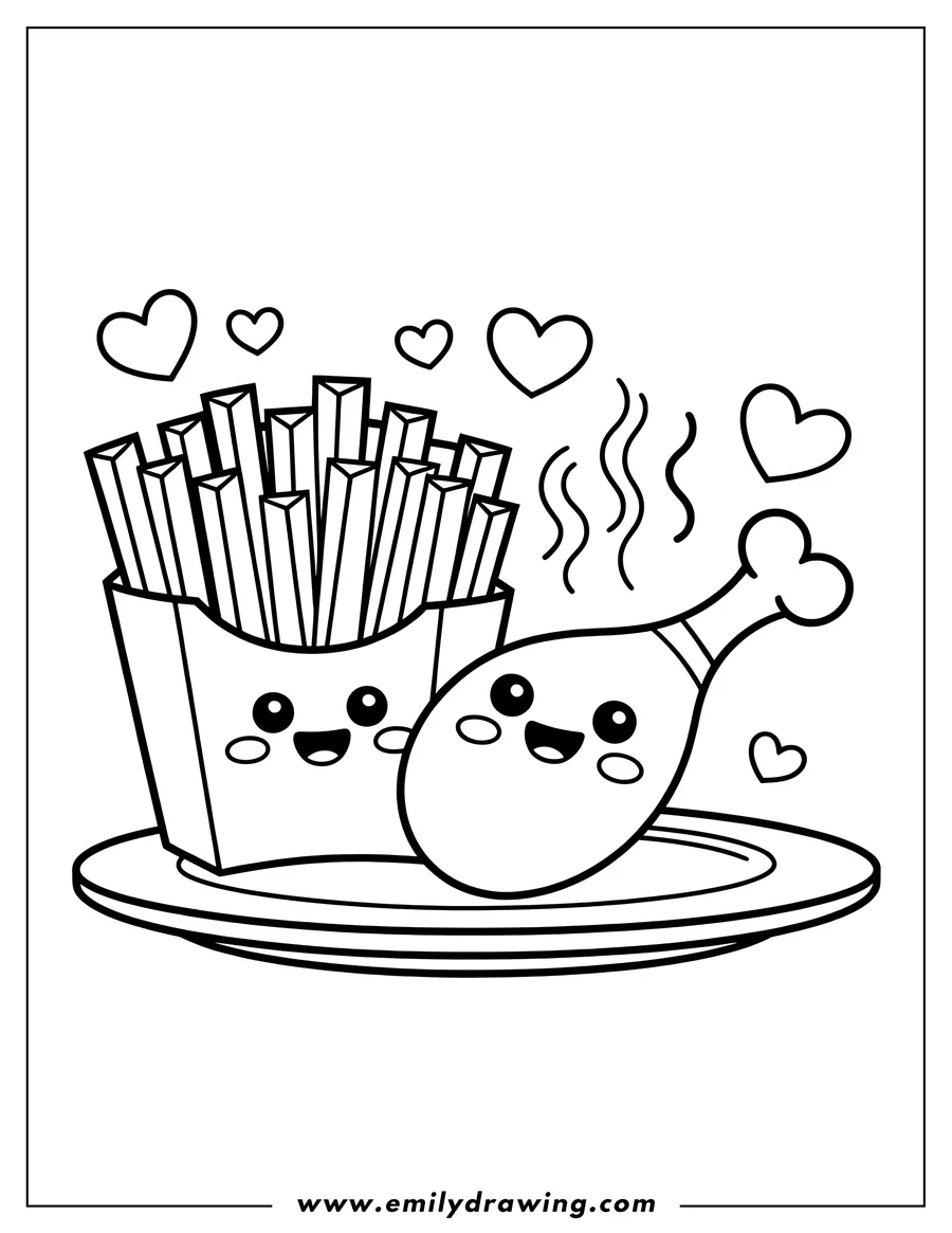 Outline of french fries and a chicken drumstick on a plate, both with cute, happy faces.