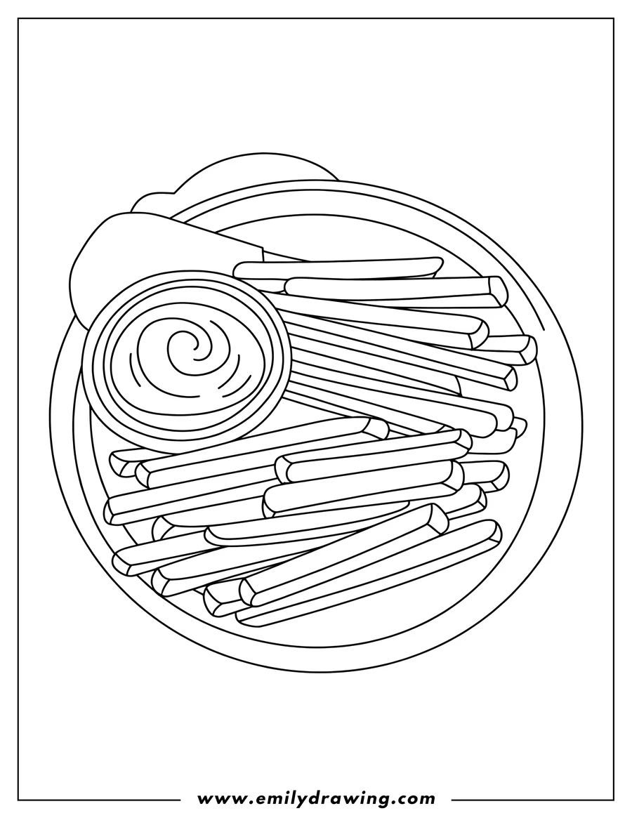 Line art of french fries and a small bowl of dip on a plate. Perfect for coloring and enjoying some yummy fries in your imagination.