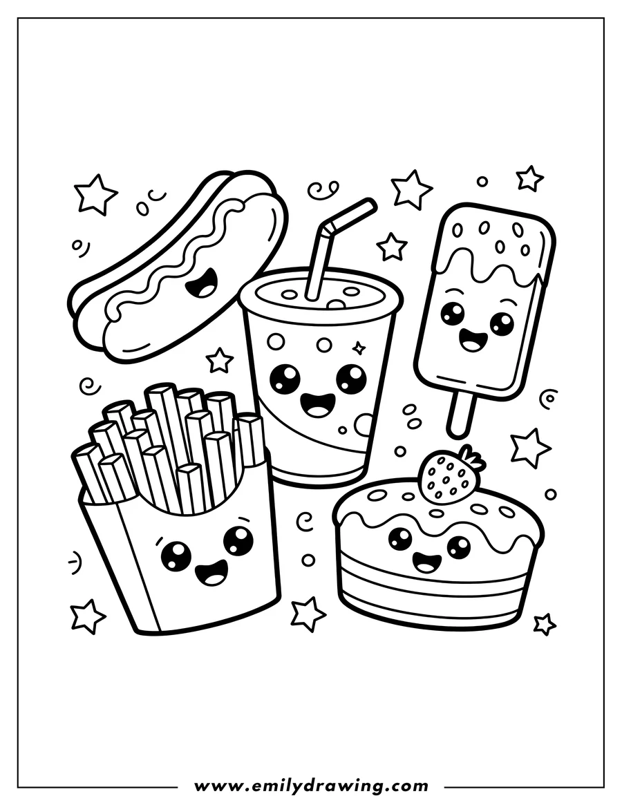 Line art of french fries, a hot dog, a drink, a popsicle, and a cake, all with cute, happy faces.