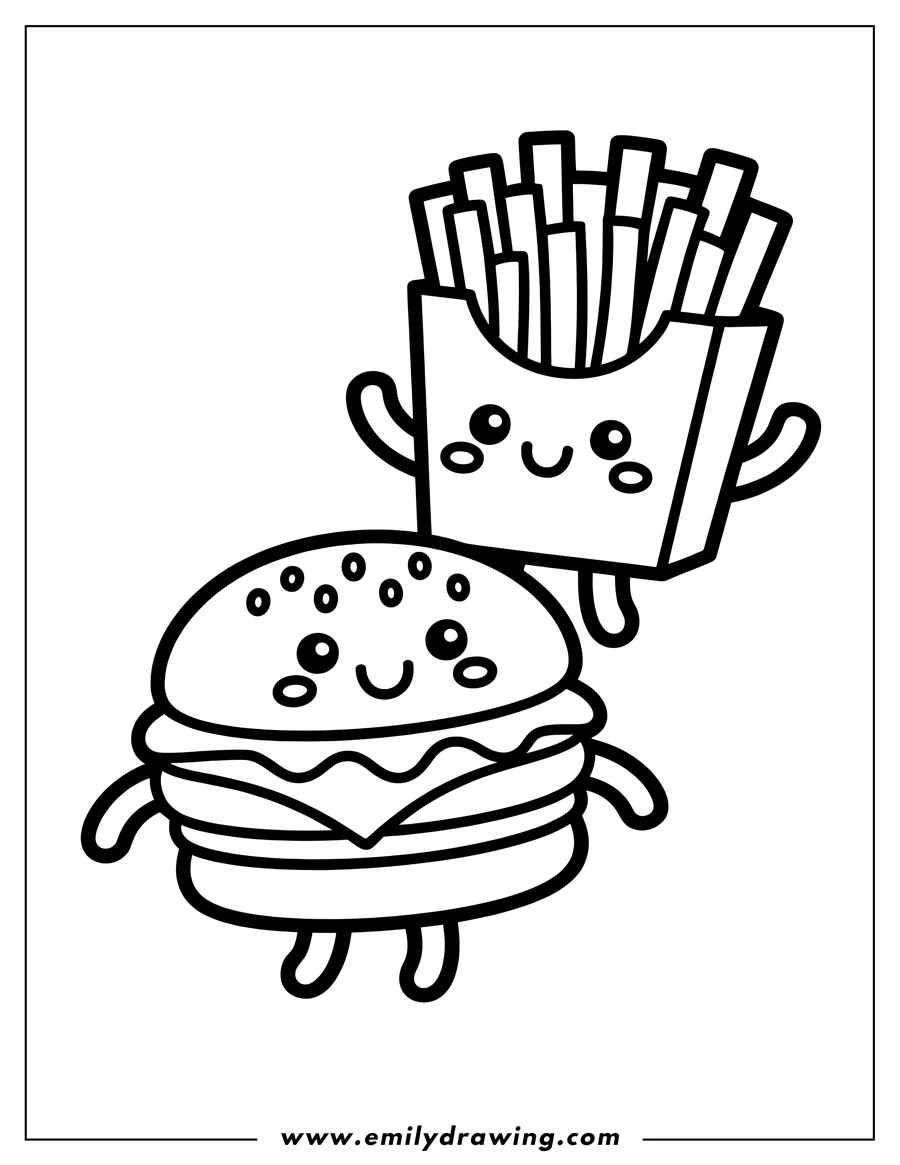 Outline drawing of a smiling hamburger and french fries, both with small arms and legs.